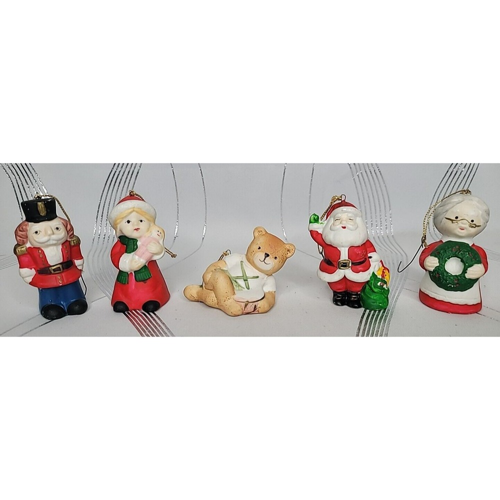 Vintage Ceramic Christmas Ornaments 2 1/2" Santa Bear Mrs Clause Soldier